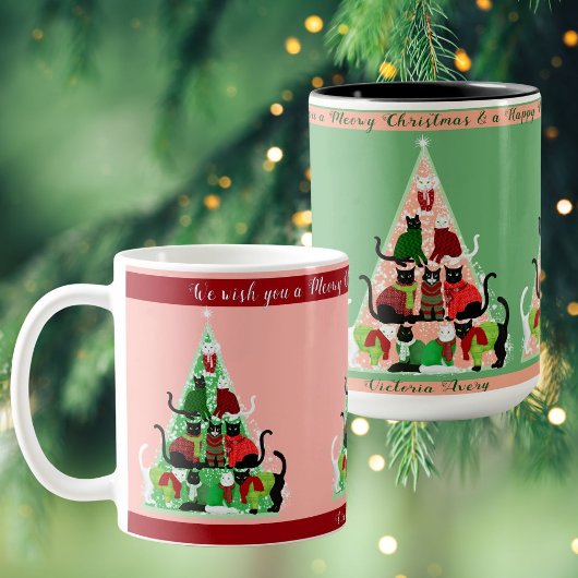 Niedlicher Blush und Grüne Katze Weihnachtsbaum na Tasse