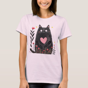 Niedlicher Boho Floral Watercolor Schwarze Katze K T-Shirt