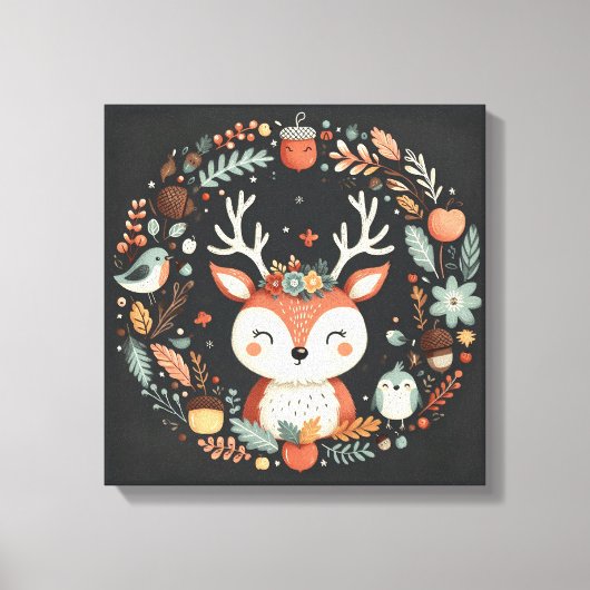 Niedlicher Boho Herbst Hirsch-Kranken-Wand-Decal Leinwanddruck (Vorderseite)