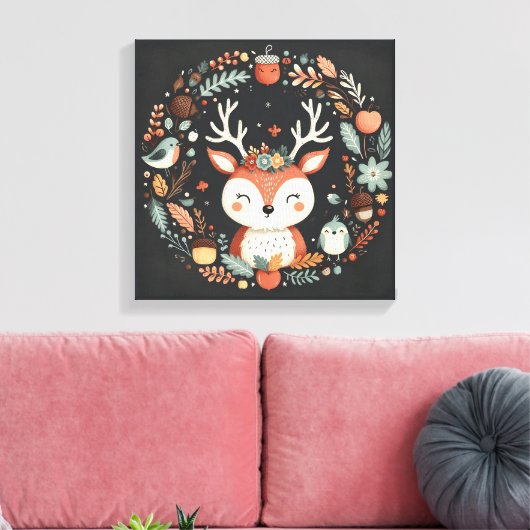 Niedlicher Boho Herbst Hirsch-Kranken-Wand-Decal Leinwanddruck (Insitu (Wohnzimmer))