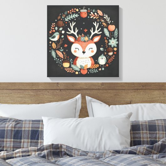 Niedlicher Boho Herbst Hirsch-Kranken-Wand-Decal Leinwanddruck (Insitu (Schlafzimmer))
