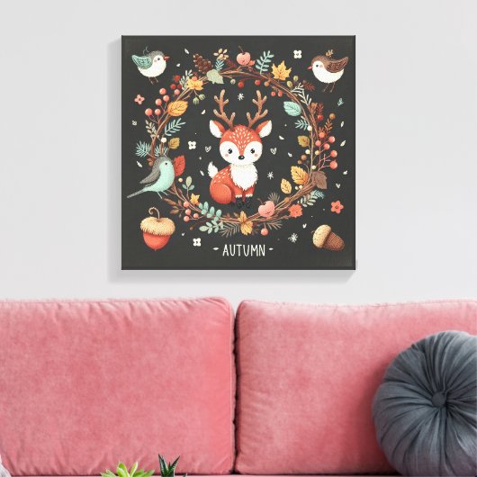 Niedlicher Boho Herbst Hirsch-Kranken-Wand-Decal Leinwanddruck (Insitu (Wohnzimmer))