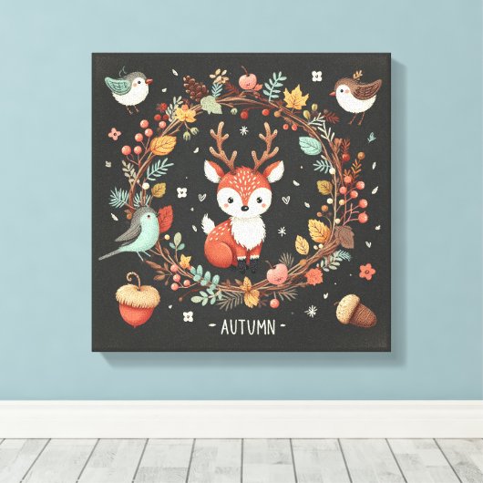 Niedlicher Boho Herbst Hirsch-Kranken-Wand-Decal Leinwanddruck (Insitu (Holzboden))