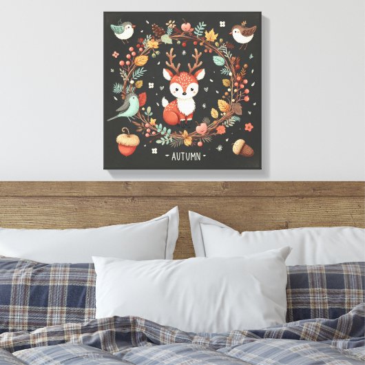 Niedlicher Boho Herbst Hirsch-Kranken-Wand-Decal Leinwanddruck (Insitu (Schlafzimmer))