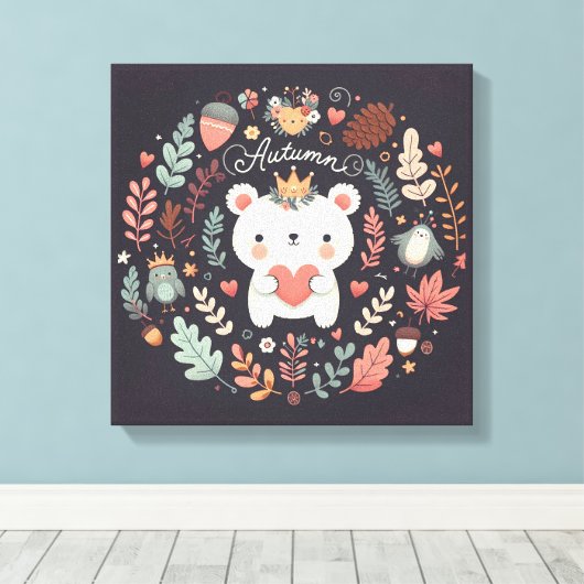 Niedlicher Boho Herbstbärenkreit Wall Decal Leinwanddruck (Insitu (Holzboden))