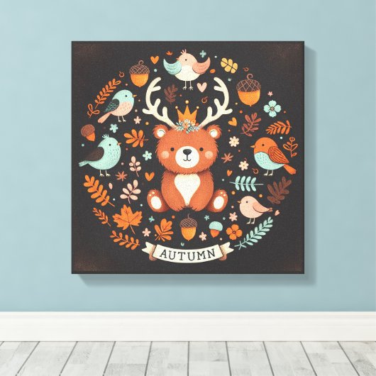 Niedlicher Boho Herbstbärenkreit Wall Decal Leinwanddruck (Insitu (Holzboden))