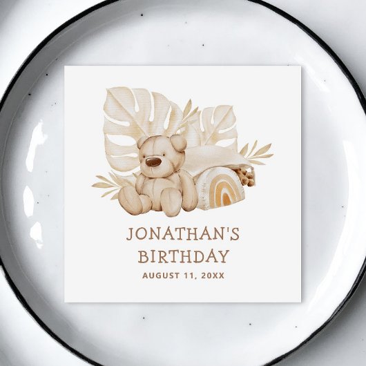 Niedlicher Boho Neutral Teddy Bär. Kinder Geburtst Serviette