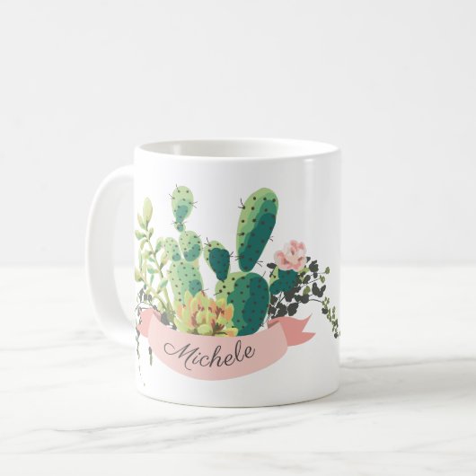 Niedlicher Boho personalisierter Kaktus Kaffeetasse (Vorderseite Links)