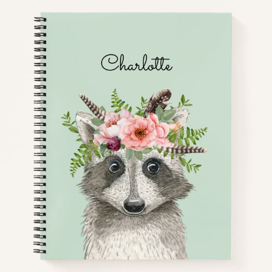 Niedlicher Boho Raccoon mit Blumen und Feathers Cr Notizblock (Vorderseite)