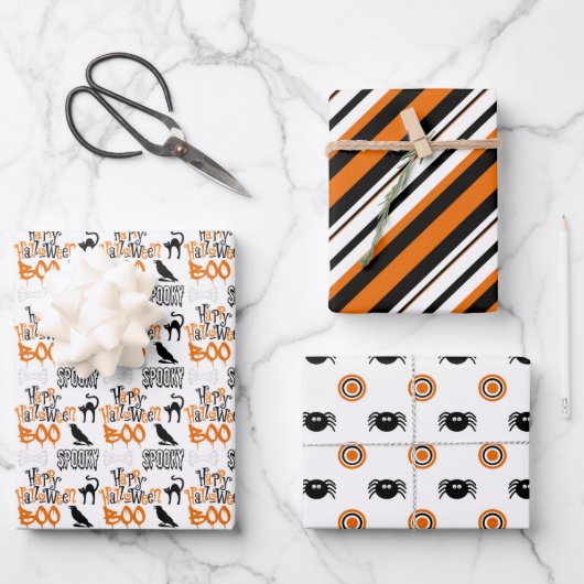 Niedlicher Boo-Spider-Streifen Halloween Geschenkpapier Set (Vorderseite)