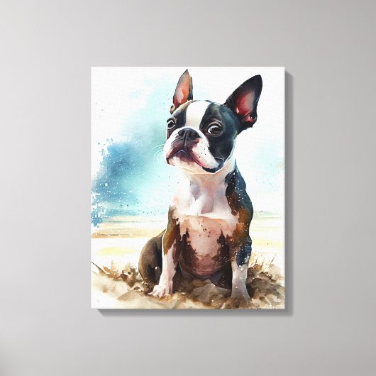 Niedlicher Boston Terrier am Strand Leinwanddruck (Vorderseite)