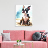 Niedlicher Boston Terrier am Strand Leinwanddruck (Insitu (Wohnzimmer))