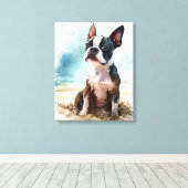 Niedlicher Boston Terrier am Strand Leinwanddruck (Insitu (Holzboden))