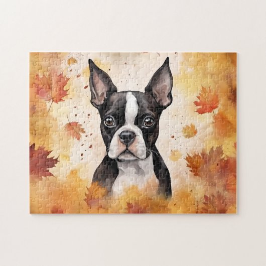 Niedlicher Boston Terrier Hund/Herbst/Herbst Puzzle (Horizontal)