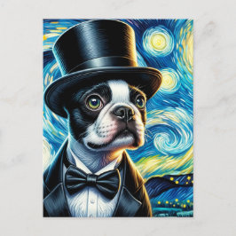 Niedlicher Boston Terrier in einem Tophat Van Gogh Postkarte