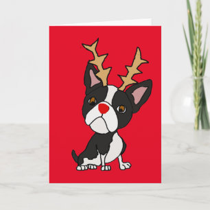 Niedlicher Boston-Terrier mit Ren-Geweih-Cartoon Feiertagskarte