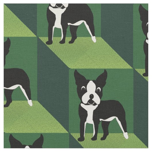 Niedlicher Boston Terrier über grüne Kuben Stoff (Nahaufnahme)