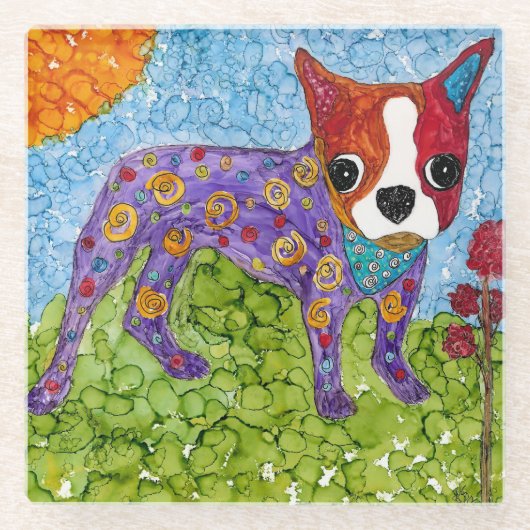 Niedlicher Boston Terrier Welppy Glass Untersetzer (Vorderseite)