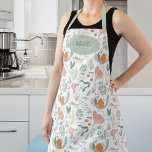 Niedlicher botanischer Pastellblumenmuster individ Schürze<br><div class="desc">Hübsches Frühlingsblütenrosa,  orangefarbene und schlängelgrüne gemusterte feminine Schürze mit personalisiertem Namen oder Text über einer hellgrünen ovalen geometrischen Form.</div>