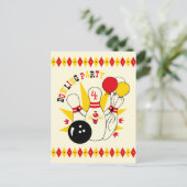 Niedlicher Bowling Button Geburtstagseinladung Pos Einladungspostkarte (Stehend Vorderseite)