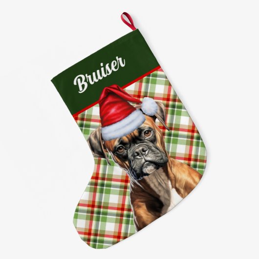 Niedlicher Boxer Hund mit Holiday Kariert Personal Großer Weihnachtsstrumpf (Rückseite (Hängend))