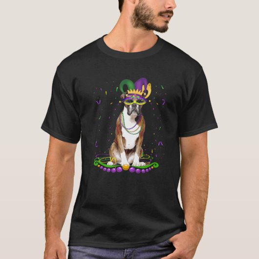 Niedlicher Boxer Hund mit Karnevalsmaske Mardi Gra T-Shirt (Vorderseite)