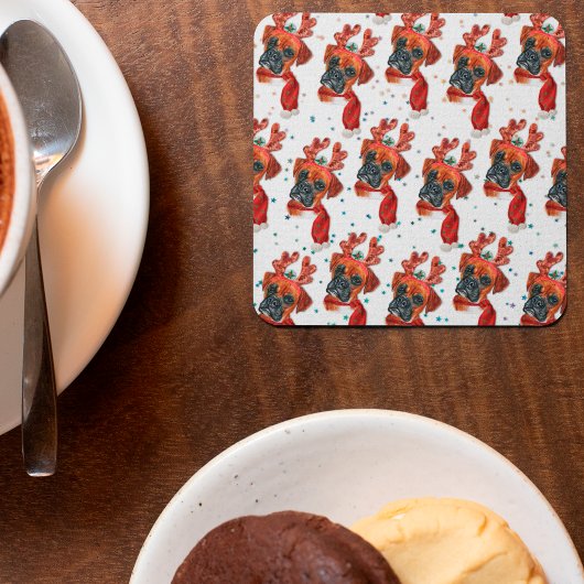 Niedlicher Boxer Hund mit Rentier Antlers Weihnach Rechteckiger Pappuntersetzer