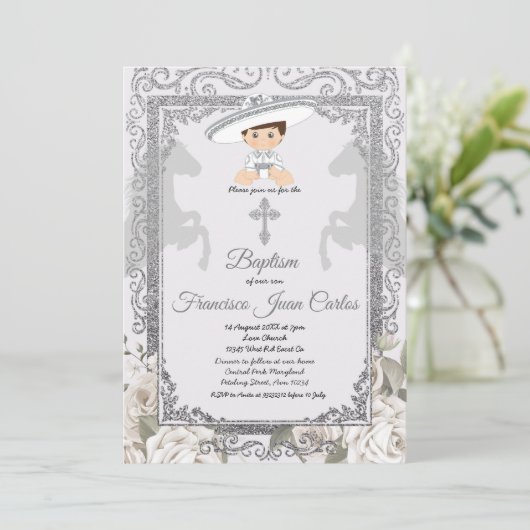 Niedlicher Boy Charro Taufe Einladung (Stehend Vorderseite)