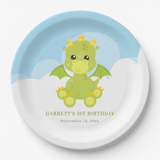 Niedlicher Boy Dragon 1. Geburtstag Pappteller (Vorderseite)