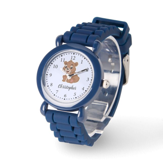 Niedlicher Braunbär blau Armbanduhr (Winkel)