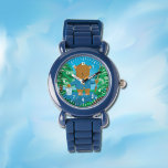 Niedlicher Braunbärenjunge personalisierte Uhr<br><div class="desc">Eine niedliche Armbanduhr für Kinder, um die Zeit zu lesen. Dieser hat einen braunen Bären mit einer Angelstange in der einen Hand und einen Eimer Fisch in der anderen. Personalisieren Sie es mit dem Namen des Kindes . Wählen Sie die Farbe der Uhr oder einen anderen Stil, wenn Sie möchten....</div>