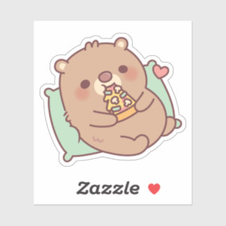 Niedlicher brauner Bär isst Pilzpizza Aufkleber