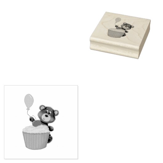 Niedlicher brauner Bär mit Ballon und Cupcake Gummistempel (Stempel)