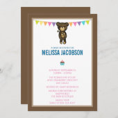 Niedlicher brauner Bär mit einer Blume Babydusche Einladung (Vorne/Hinten)