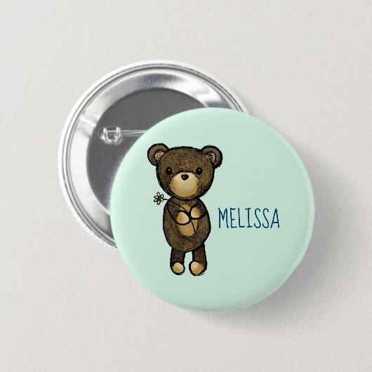 Niedlicher brauner Bär mit gelber Blume Button (Vorne & Hinten)