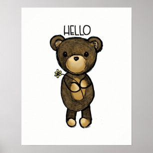Niedlicher brauner Bär mit gelber Blume Poster