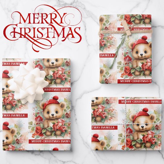 Niedlicher brauner Bär Name Weihnachten 3 Geschenkpapier Set