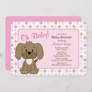 Niedlicher brauner Hund Pink Polka Dot Baby Dusche Einladung