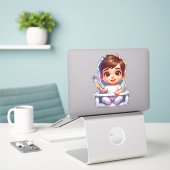 Niedlicher brauner Mit Augen Baby-Boy mit einem Lö Aufkleber (Laptop auf Schreibtisch)