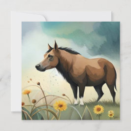 Niedlicher brauner Pony im Blumenfeld