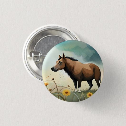 Niedlicher brauner Pony im Blumenfeld Button (Vorne & Hinten)