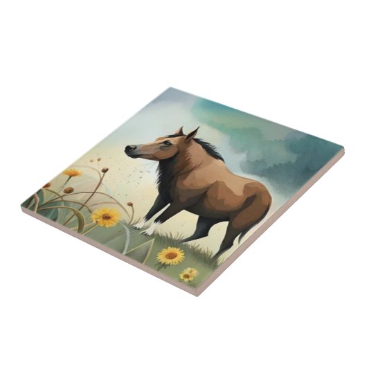 Niedlicher brauner Pony im Blumenfeld Fliese (Seite)