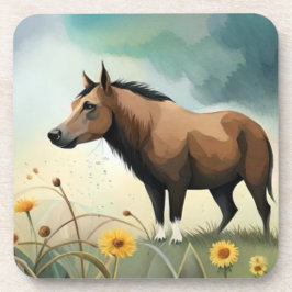 Niedlicher brauner Pony im Blumenfeld Getränkeuntersetzer