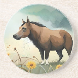 Niedlicher brauner Pony im Blumenfeld Getränkeuntersetzer