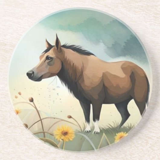 Niedlicher brauner Pony im Blumenfeld Getränkeuntersetzer (Vorne)