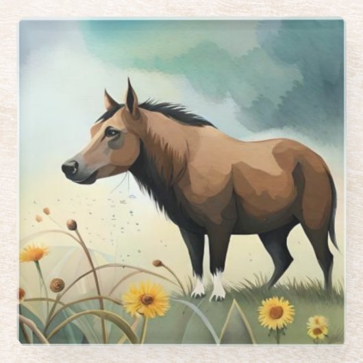 Niedlicher brauner Pony im Blumenfeld Glasuntersetzer (Vorderseite)