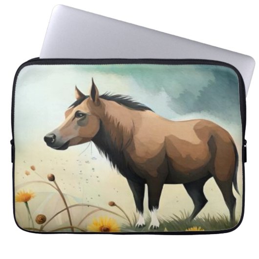 Niedlicher brauner Pony im Blumenfeld Laptopschutzhülle (Vorderseite)