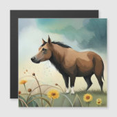 Niedlicher brauner Pony im Blumenfeld Magnetkarte (Vorne/Hinten)