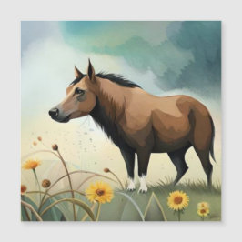 Niedlicher brauner Pony im Blumenfeld Magnetkarte