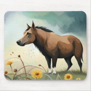 Niedlicher brauner Pony im Blumenfeld Mousepad